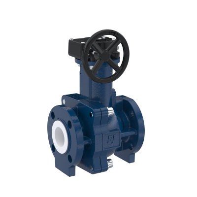 PFA-Flanschkugelhahn FK13 DN40 - 1 1/2" Zoll ANSI 150 aus Sphäroguss mit Handgetriebe