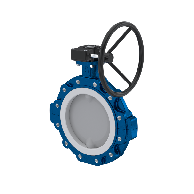PFA-Absperrklappe PTFE AK10 DN400 ANSI150 Handradgetriebe FKM Einlage
