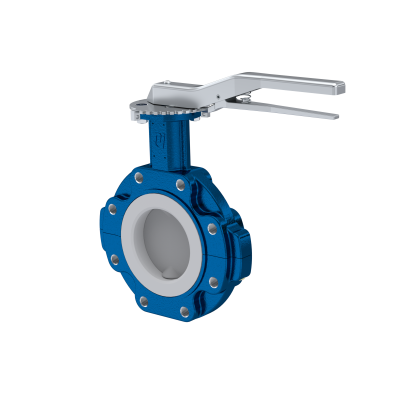 PFA-Absperrklappe PTFE AK10 DN125 ANSI150 Rasthebel Silikon Einlage