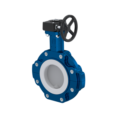 Absperrklappe PTFE AK10 DN100 ANSI150 Handradgetriebe FKM Einlage