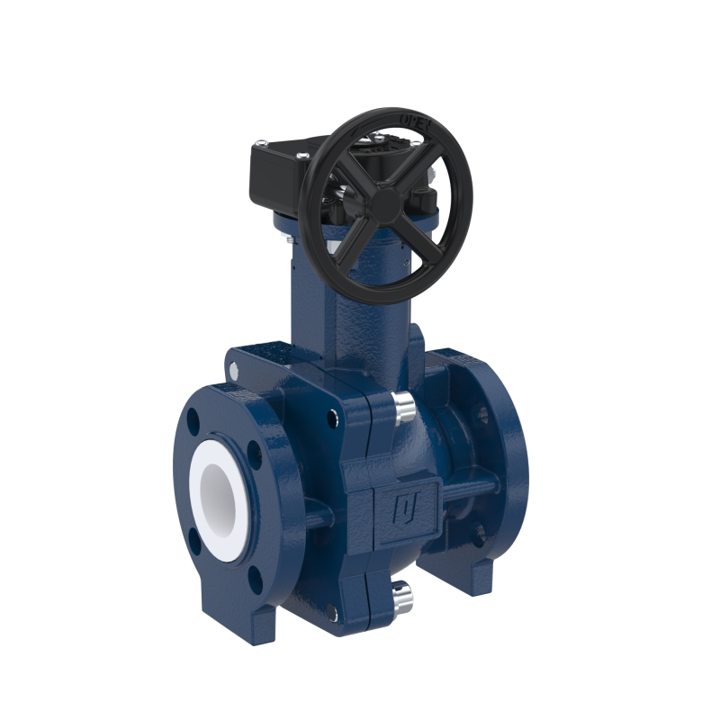 PFA-Flanschkugelhahn FK13 DN80 - 3" Zoll ANSI 150 aus Sphäroguss mit Handgetriebe