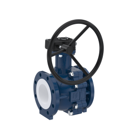 PFA-Flanschkugelhahn FK13 DN150 - 6" Zoll ANSI 150 aus Sphäroguss mit Handgetriebe